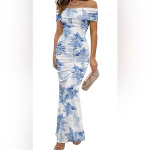 EUC Elegant White and Blue Floral Maxi Dress